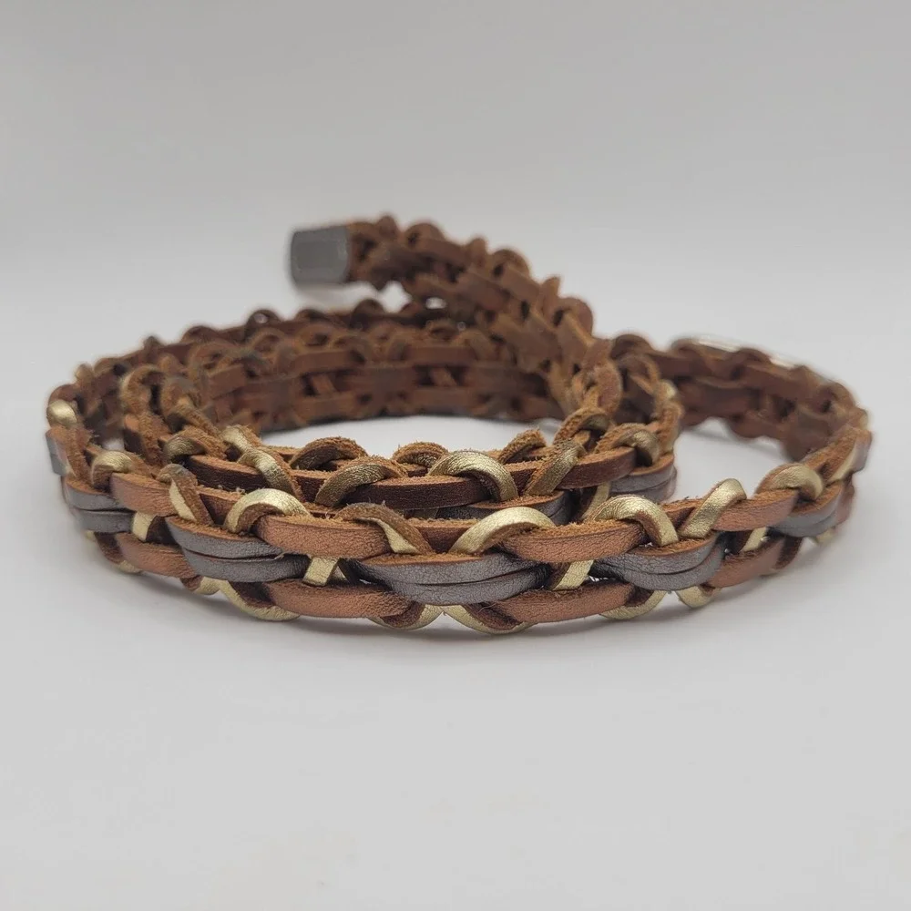 Brown Leather Belt One Size Skinny Braided Woven Metallic Gold Boho Western Thin